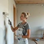 Femme peignant un mur intérieur en blanc lors de travaux de rénovation d'appartement