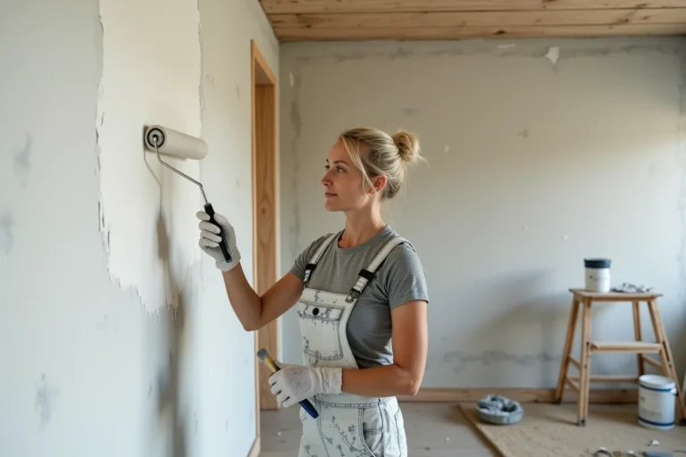 Femme peignant un mur intérieur en blanc lors de travaux de rénovation d'appartement