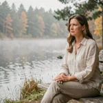 Femme épuisée assise seule au bord d'un lac en forêt, symbolisant le besoin de repos pendant un burn-out