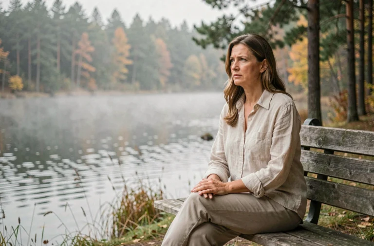 Femme épuisée assise seule au bord d'un lac en forêt, symbolisant le besoin de repos pendant un burn-out