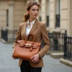 Femme élégante tenant un sac Hermès Birkin en cuir cognac de seconde main dans une rue parisienne