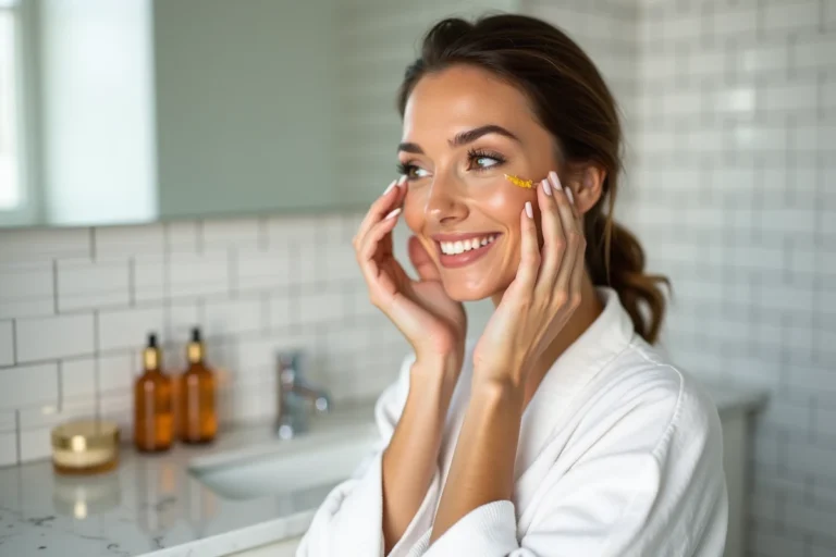 Femme appliquant un sérum doré sur son visage dans une salle de bain minimaliste, comparaison soins de peau Caudalie et Nuxe