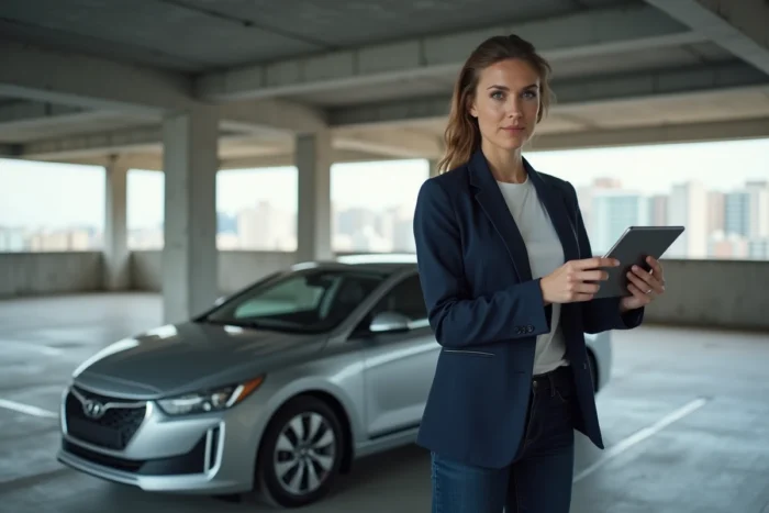 Femme consultant une carte de navigation automobile sur tablette dans un parking urbain moderne
