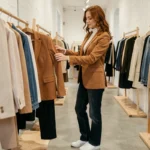 Femme élégante en blazer camel explorant les dernières tendances mode dans une boutique parisienne minimaliste