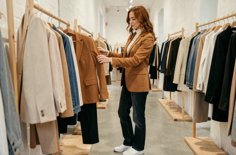Femme élégante en blazer camel explorant les dernières tendances mode dans une boutique parisienne minimaliste