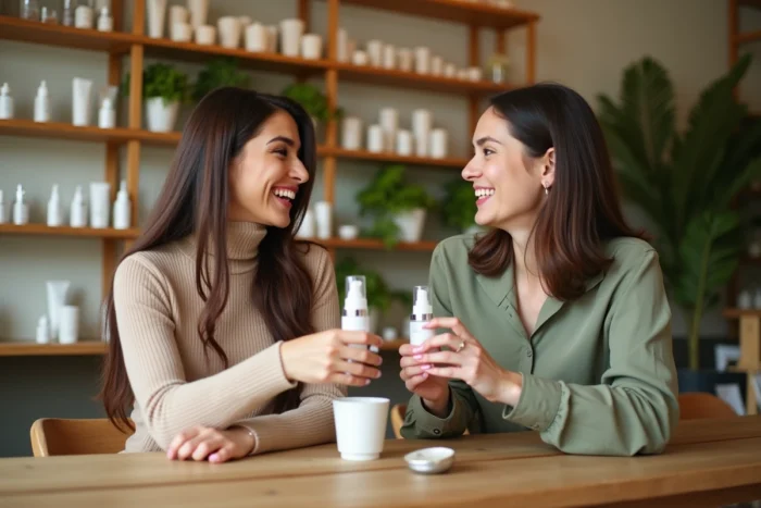 Deux femmes comparant des produits de soin dans une boutique parisienne, choisir entre Caudalie et Nuxe pour la peau