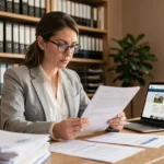 Femme professionnelle étudiant les options de financement de formation sur ordinateur portable dans un bureau à domicile