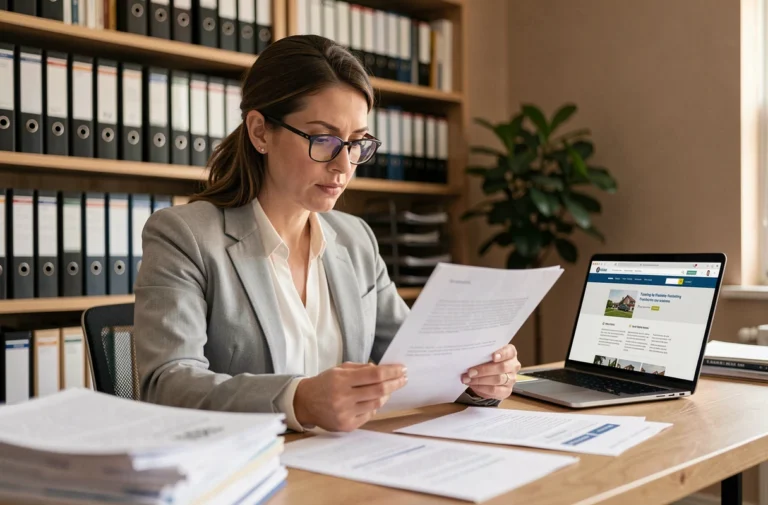 Femme professionnelle étudiant les options de financement de formation sur ordinateur portable dans un bureau à domicile