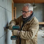 Ouvrier du bâtiment en train de percer un parpaing pour fixer un chevron en bois sur un mur en blocs de béton