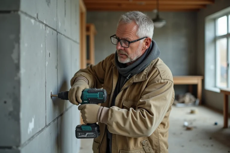 Ouvrier du bâtiment en train de percer un parpaing pour fixer un chevron en bois sur un mur en blocs de béton