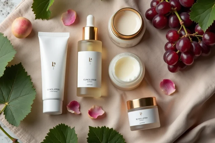 Flatlay de produits de soin français haut de gamme sur tissu lin avec feuilles de vigne et pétales de rose, beauté naturelle
