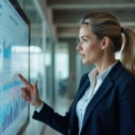 Femme cadre utilisant une solution de gestion de commandes B2B sur un écran tactile dans un bureau moderne