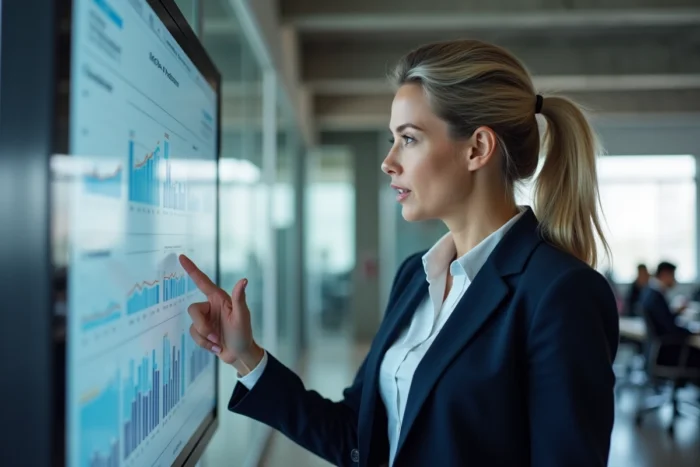 Femme cadre utilisant une solution de gestion de commandes B2B sur un écran tactile dans un bureau moderne