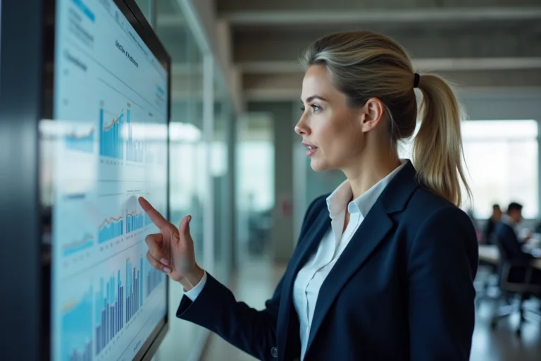 Femme cadre utilisant une solution de gestion de commandes B2B sur un écran tactile dans un bureau moderne
