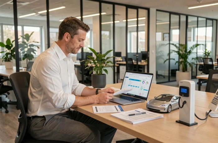 Gestionnaire de flotte automobile analysant les données de transition aux véhicules électriques dans un bureau moderne