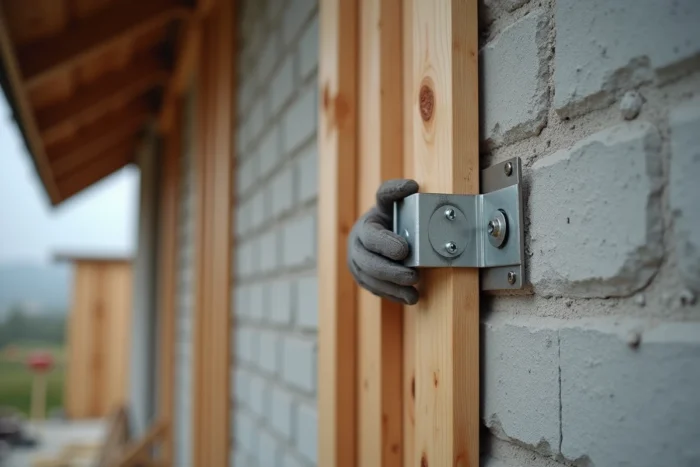 Gros plan sur la fixation métallique d'un chevron bois sur un mur en parpaing avec vis de maçonnerie et étrier en acier