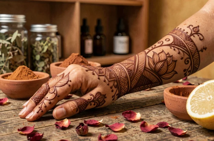 Gros plan de motifs de henné traditionnels détaillés sur une main de femme posée sur une table en bois avec poudre de henné et pétales de rose séchés