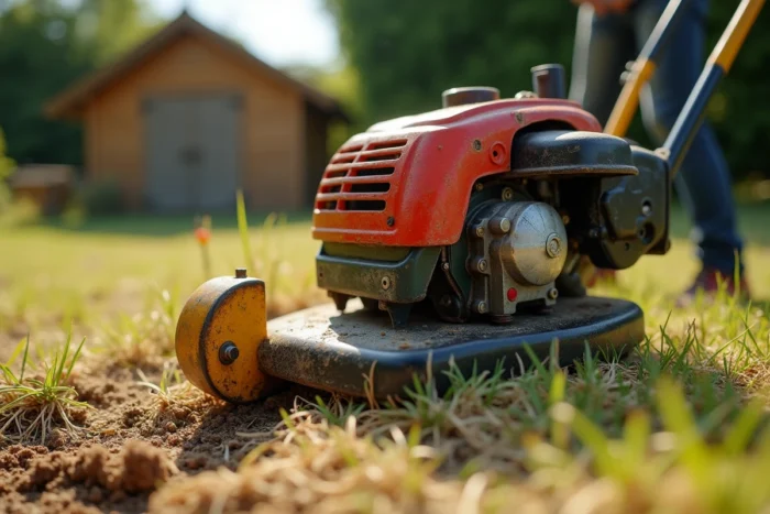 Gros plan sur la tête de coupe d'une débroussailleuse thermique posée sur l'herbe sèche d'un jardin