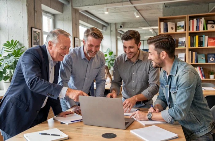Groupe de professionnels collaborant autour d'un ordinateur portable lors d'un atelier de développement des compétences au Luxembourg