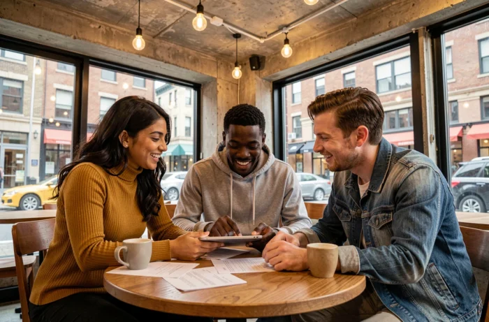 Groupe d'entrepreneurs diversifiés collaborant autour d'une tablette dans un café urbain moderne