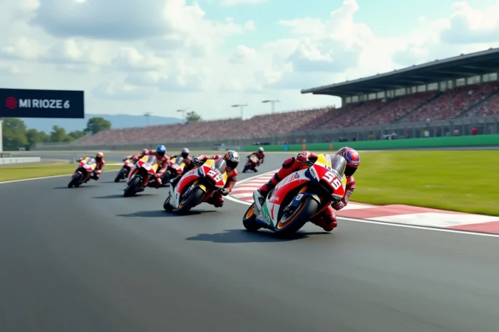 Groupe de pilotes MotoGP en pleine course dans un virage incliné sur un circuit international