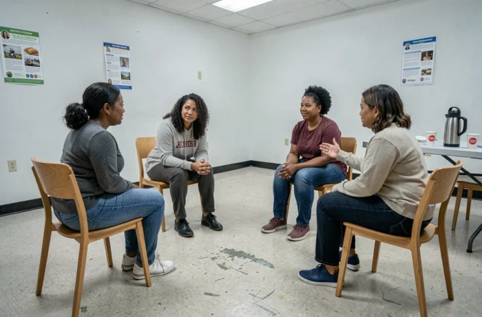 Groupe de soutien pour femmes victimes de violences familiales réunies en cercle dans un centre communautaire
