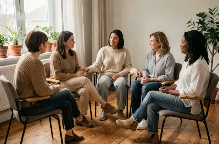 Groupe de soutien pour femmes victimes de violences conjugales partageant un moment d'écoute et de solidarité