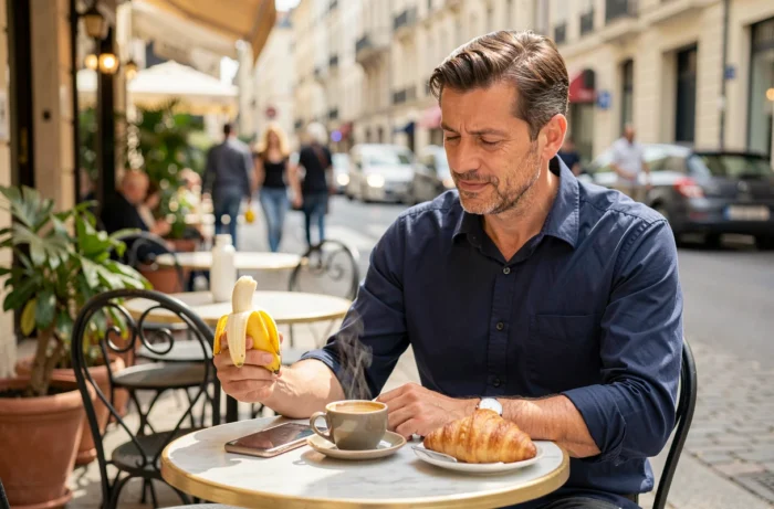Homme mangeant une banane au petit déjeuner en terrasse de café avec un espresso et un croissant