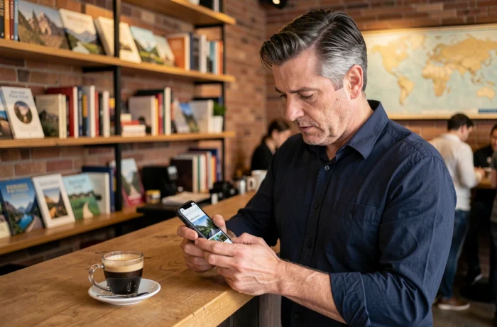 Homme consultant un site de voyage sur smartphone dans un café moderne avec carte vintage en arrière-plan