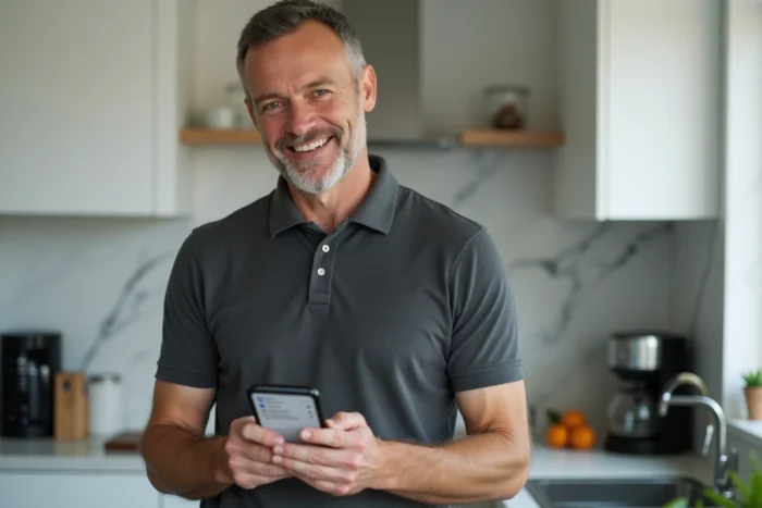 Homme consultant les différentes options de messagerie SFR sur son smartphone dans une cuisine moderne