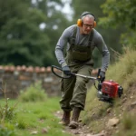 Homme utilisant une débroussailleuse thermique pour entretenir un jardin en pente avec végétation dense