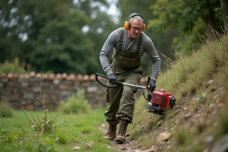 Homme utilisant une débroussailleuse thermique pour entretenir un jardin en pente avec végétation dense