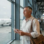 Homme tenant une carte d'embarquement dans un terminal d'aéroport international, illustrant le concept d'émigration et de départ vers un nouveau pays
