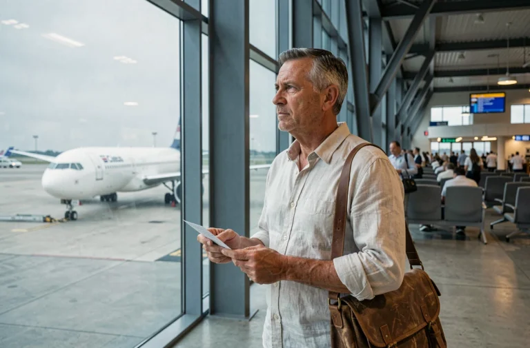 Homme tenant une carte d'embarquement dans un terminal d'aéroport international, illustrant le concept d'émigration et de départ vers un nouveau pays