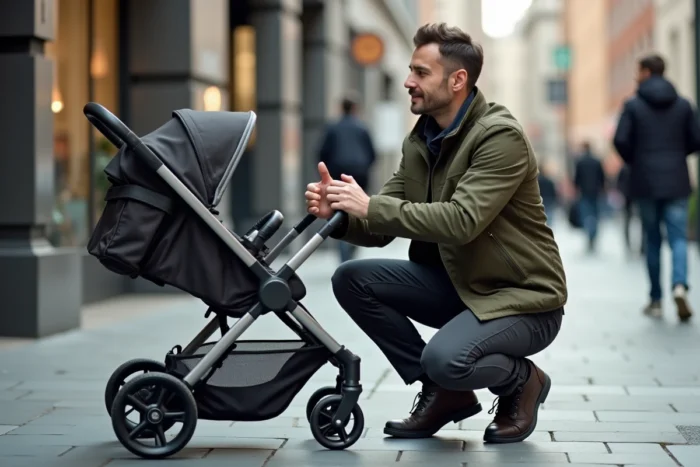 Homme à genoux inspectant le mécanisme de pliage d'une poussette légère sur un trottoir en ville, guide pratique pour déplier une poussette facilement