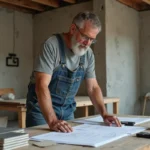 Un homme d'une cinquantaine d'années examine des devis et échantillons de matériaux sur un établi dans une cuisine en cours de rénovation