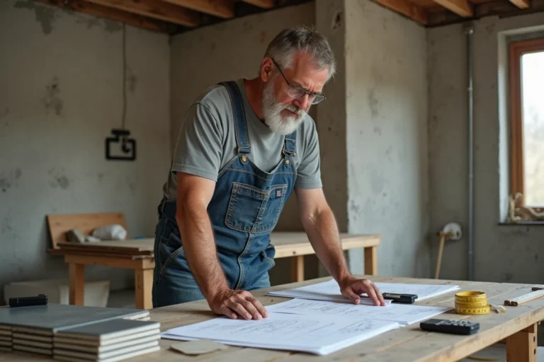 Un homme d'une cinquantaine d'années examine des devis et échantillons de matériaux sur un établi dans une cuisine en cours de rénovation