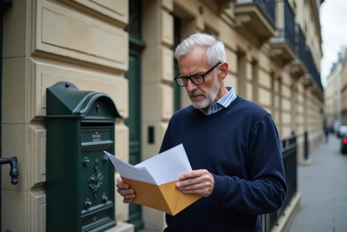 Homme examinant une lettre administrative envoyée par l'Inser Asaf du 75019 Paris devant son immeuble parisien