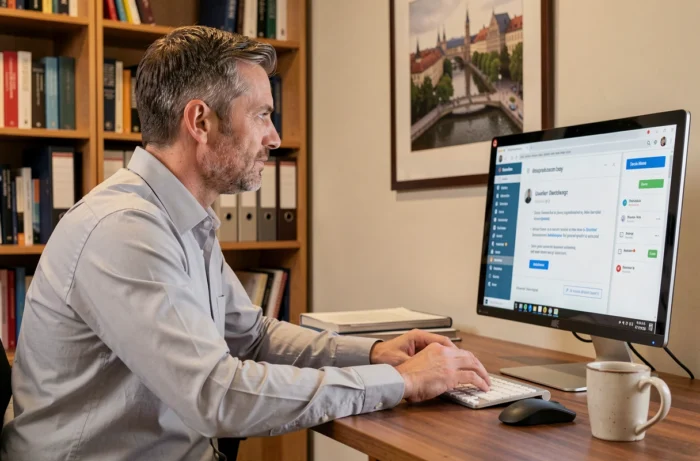 Homme suivant une formation en ligne depuis son bureau à domicile pour développer ses compétences professionnelles au Luxembourg