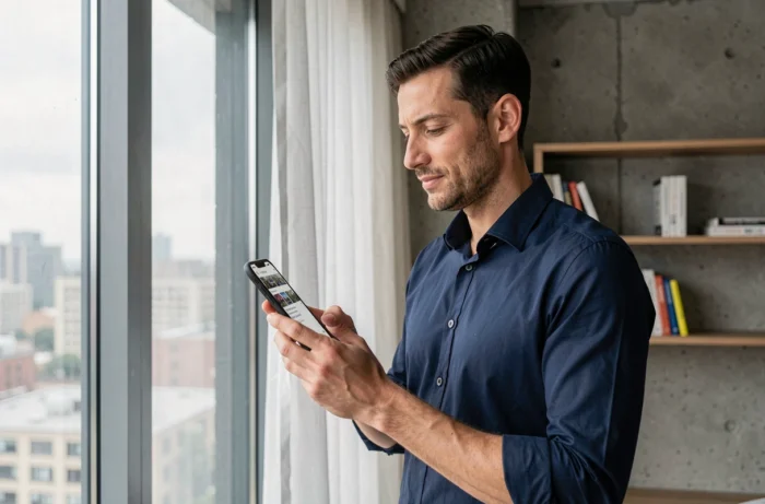 Homme consultant les invitations reçues sur Instagram depuis son appartement urbain