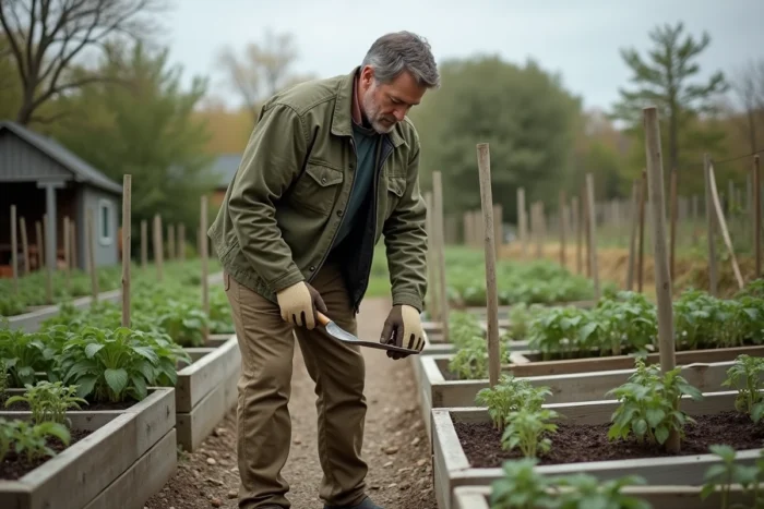 Homme jardant dans un potager communautaire en plein air, loisir nature et détente au quotidien
