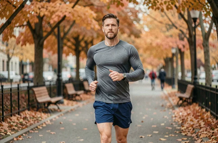 Homme faisant du jogging dans un parc en automne, symbolisant l'activité physique régulière comme habitude minceur durable