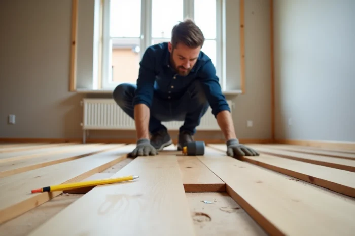 Homme posant un parquet en chêne clair lors de travaux de rénovation de salon