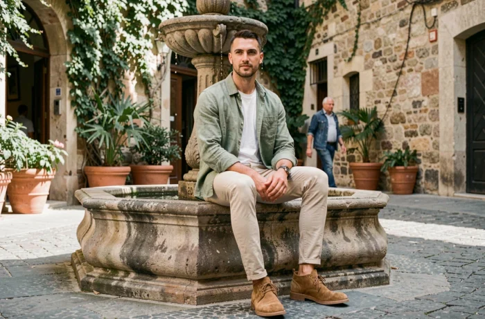 Homme en style décontracté streetwear moderne assis dans une cour urbaine ensoleillée aux murs en pierre