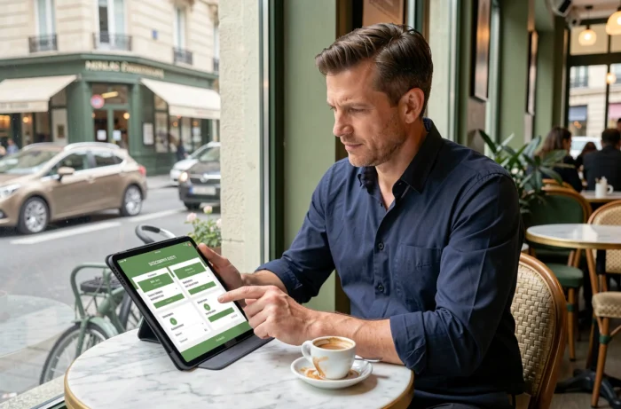 Homme consultant les tarifs d'abonnement Duolingo sur une tablette dans un café parisien
