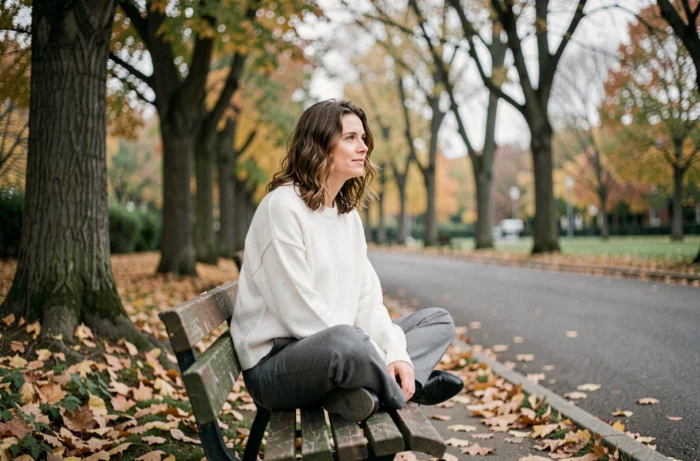 Adulte agender assis sur un banc dans un parc en automne, en tenue neutre et détendue, évoquant la réflexion personnelle sur l'identité de genre