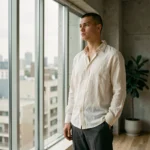 Jeune adulte agender en tenue neutre se tenant près d'une fenêtre dans un appartement moderne et minimaliste, illustrant l'identité de genre non binaire