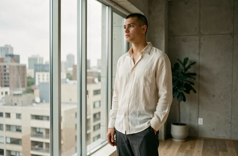 Jeune adulte agender en tenue neutre se tenant près d'une fenêtre dans un appartement moderne et minimaliste, illustrant l'identité de genre non binaire