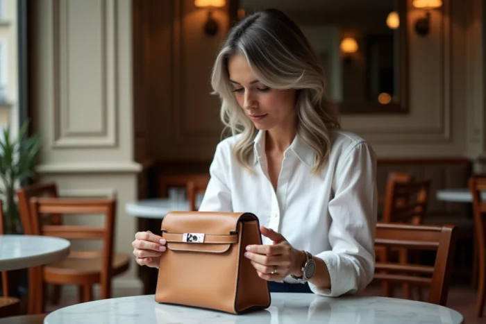Femme inspectant un sac Hermès Constance de seconde main dans un café parisien