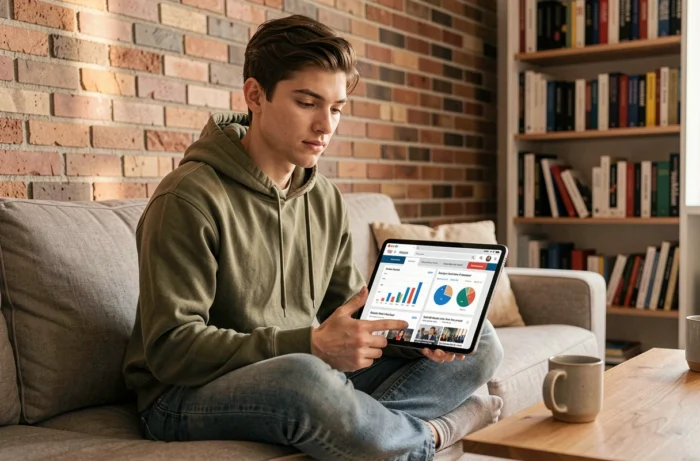 Jeune adulte consultant un site d'informations financières sur une tablette dans un appartement cosy